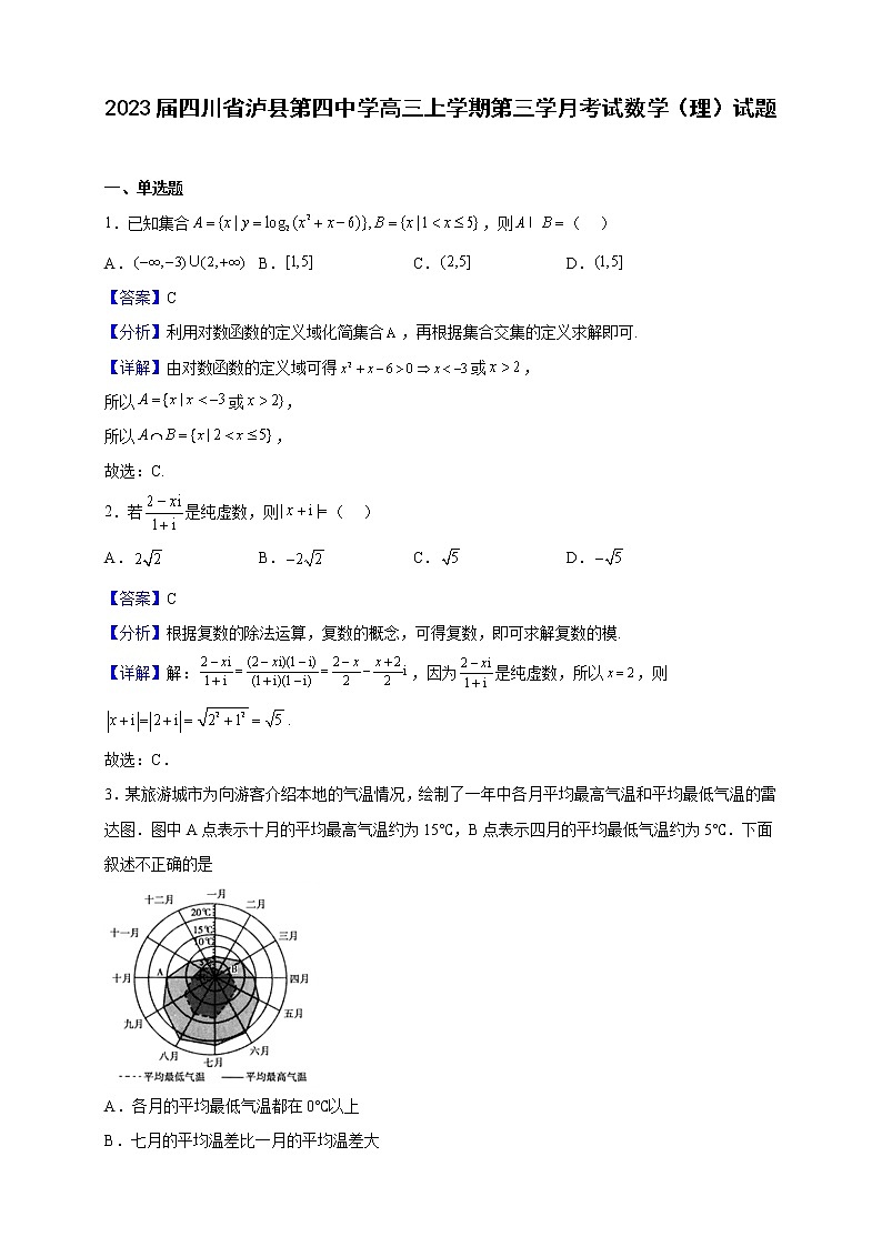 2023届四川省泸县第四中学高三上学期第三学月考试数学（理）试题（解析版）01