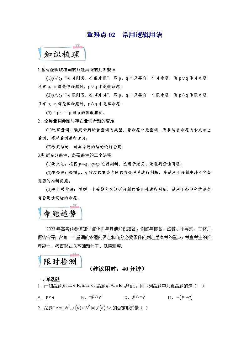 重难点02 常用逻辑用语—2023年高考数学【热点·重点·难点】专练（全国通用）（原卷版）第1页