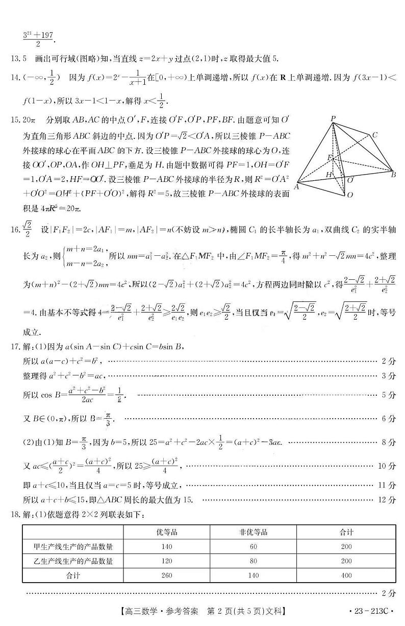 河南省TOP二十名校2022-2023学年高三上学期调研模拟卷二文科数学答案第2页