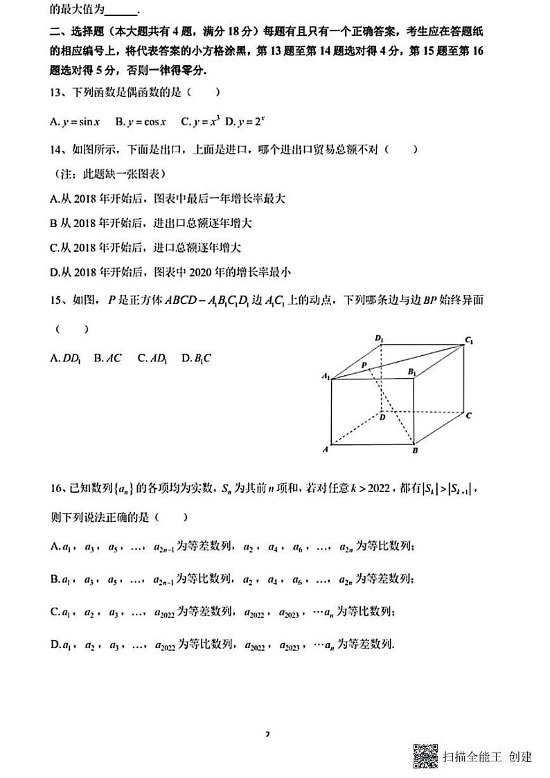 2023全国普通高等学校春季招生统一考试--上海数学第2页