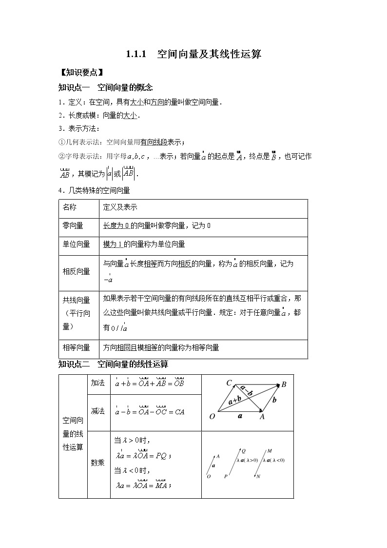 第一章+第一课时+1.1.1+空间向量及其线性运算+课前-高中数学人教A版（2019）选择性必修第一册课前课中课后同步试题精编01