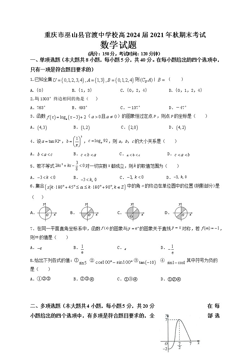 重庆市巫山县官渡中学2021-2022学年高一上学期期末考试数学无答案第1页
