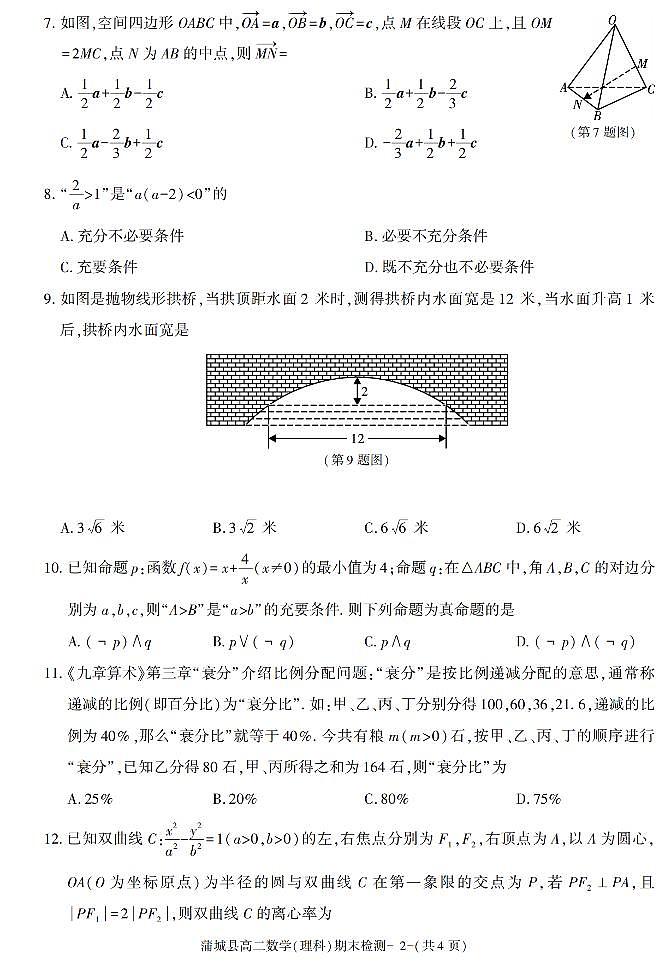 陕西省渭南市蒲城县2021-2022学年高二上学期期末考试数学（理科）试题第2页