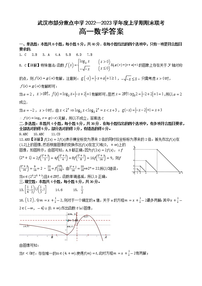 武汉市部分重点中学2022-2023学年度上学期期末考试高一数学答案第1页