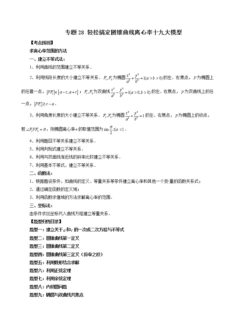 【2023高考数学复习强化】专题28 轻松搞定圆锥曲线离心率十九大模型（学生版＋教师版）01