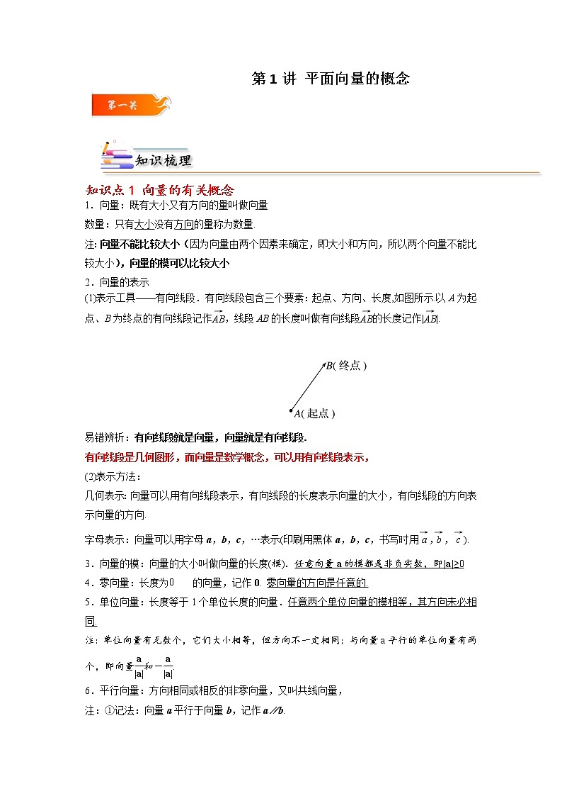 第01讲 平面向量的概念 -高一数学下学期考点精讲+精练(人教A版2019必修第二册)01