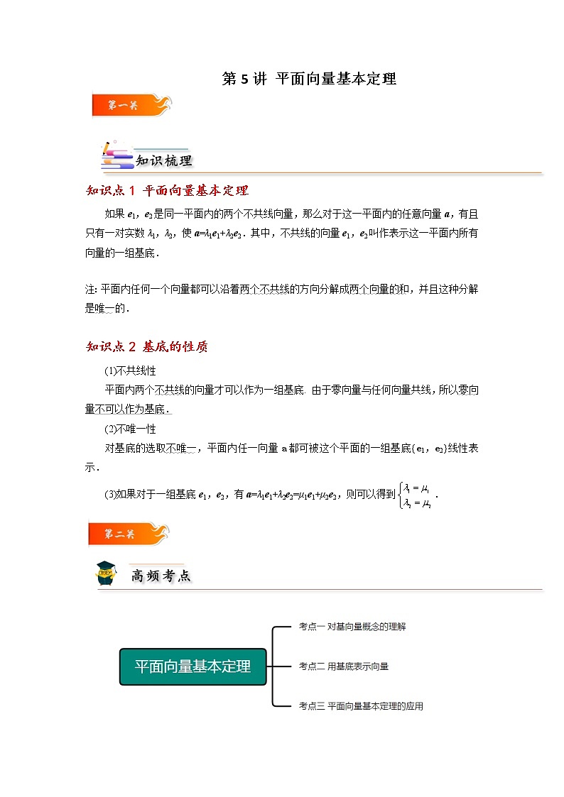 第05讲 平面向量基本定理 -高一数学下学期考点精讲+精练(人教A版2019必修第二册)（原卷版）第1页