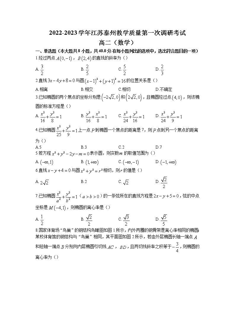 2022-2023学年江苏省泰州市高二上学期第一次教学质量调研考试数学试题第1页