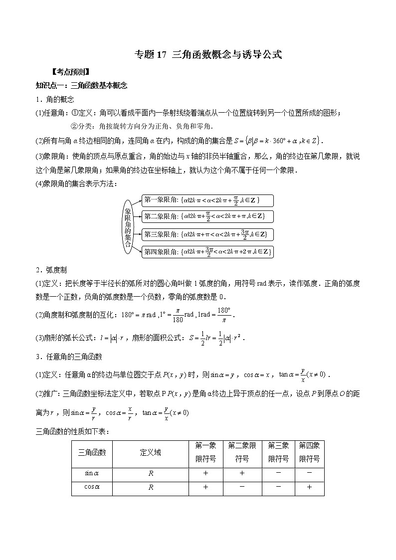 2023高考数学二轮复习专题17 三角函数概念与诱导公式 （原卷版）第1页