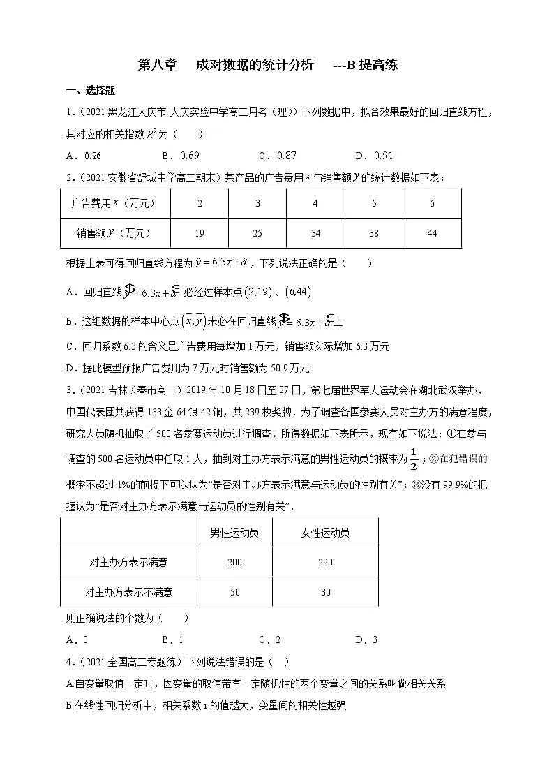 【格致课堂】第八章 成对数据的统计分析 ---B提高练（原卷版）第1页
