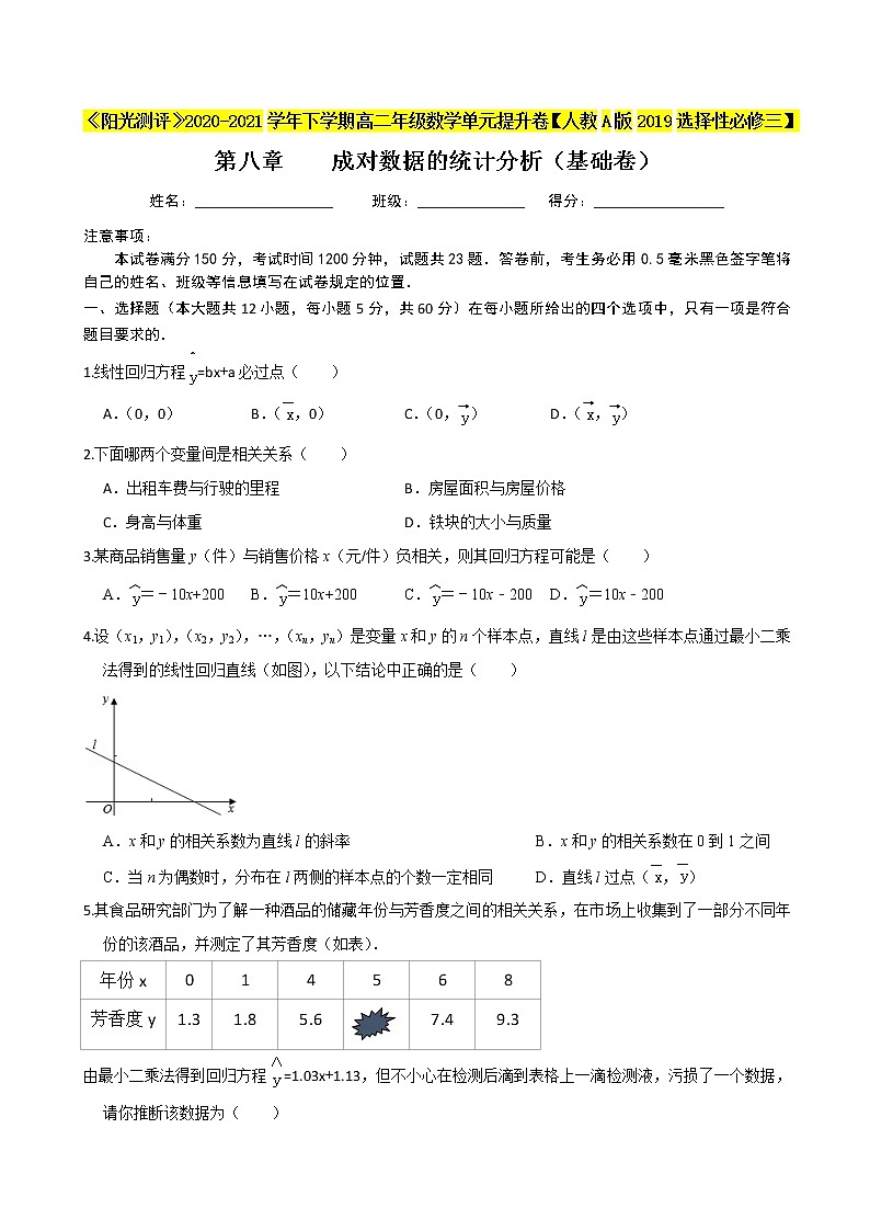 第八章 成对数据的统计分析（基础卷）-《阳光测评》2020-2021学年高二数学单元提升卷（人教A版2019选择性必修第三册）01