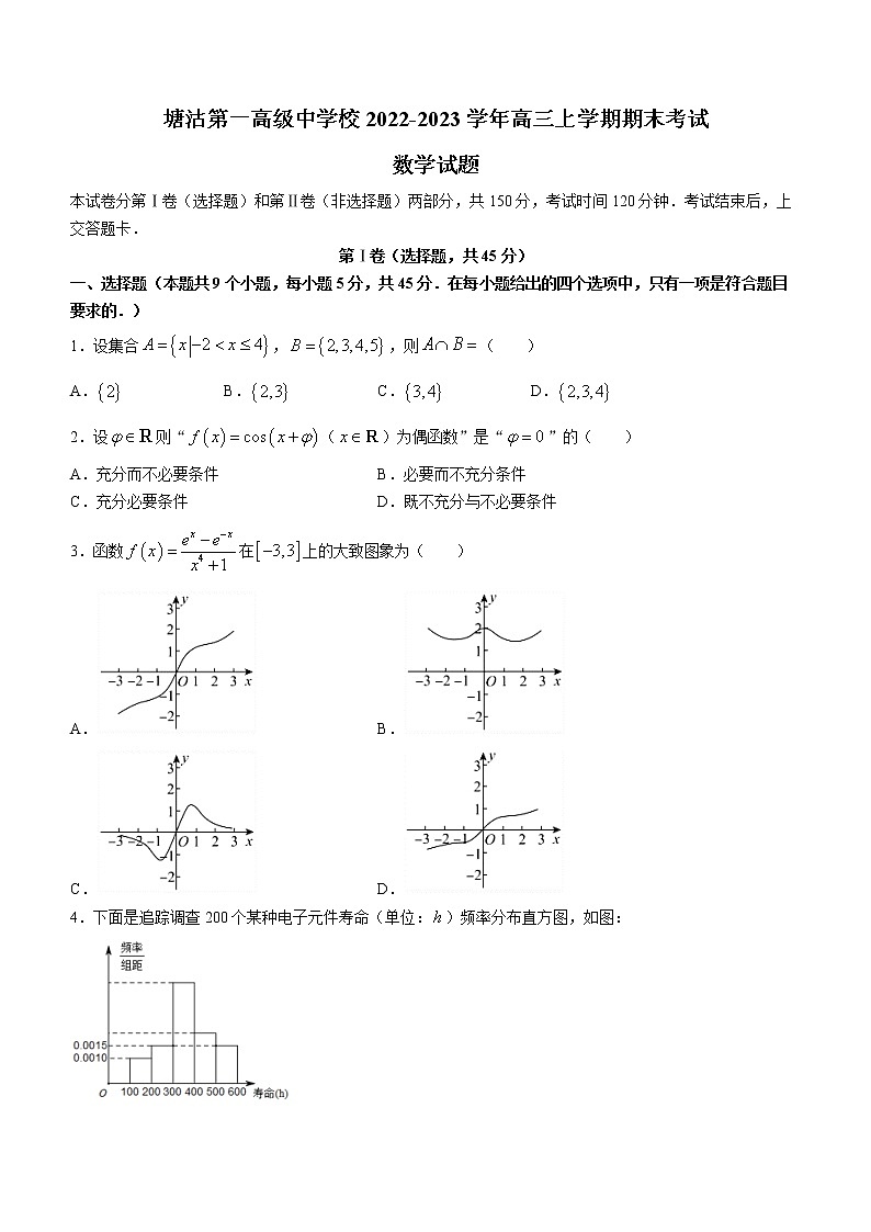 2022-2023学年天津市滨海新区塘沽第一高级中学校高三上学期期末考试数学试题（含答案）01