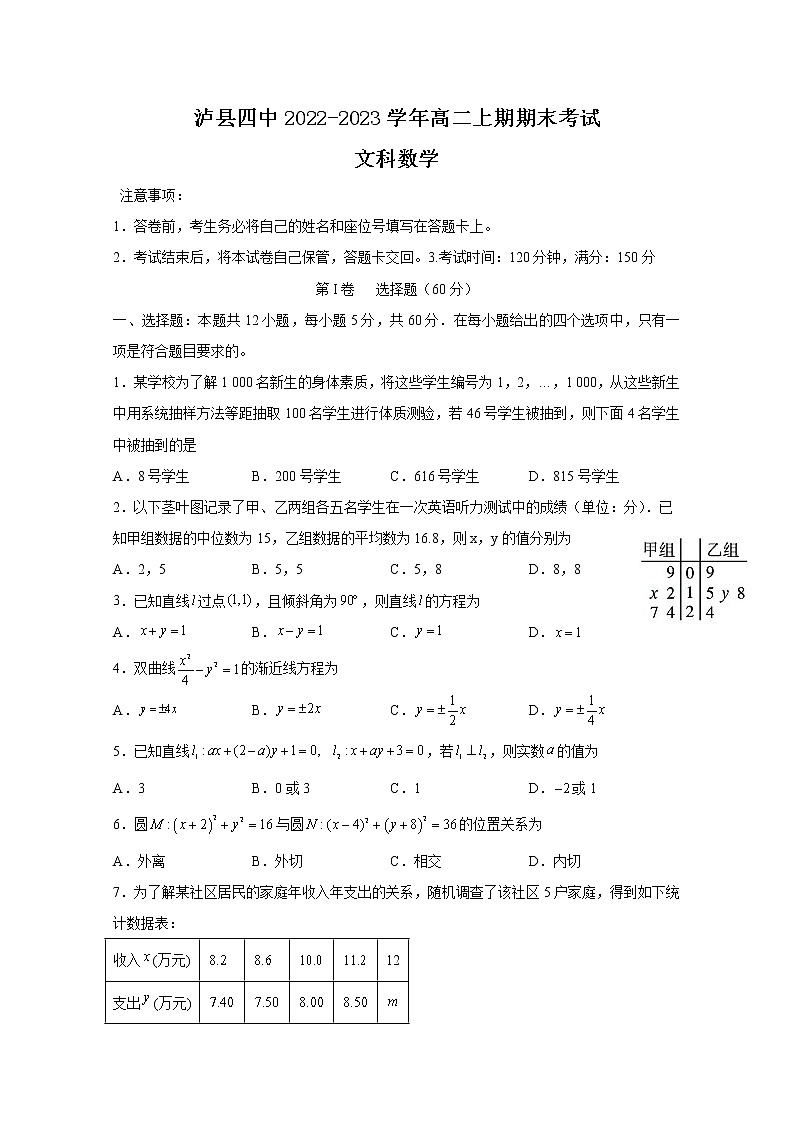 四川省泸县第四中学2022-2023学年高二上学期期末考试数学（文）试卷（Word版附答案）第1页