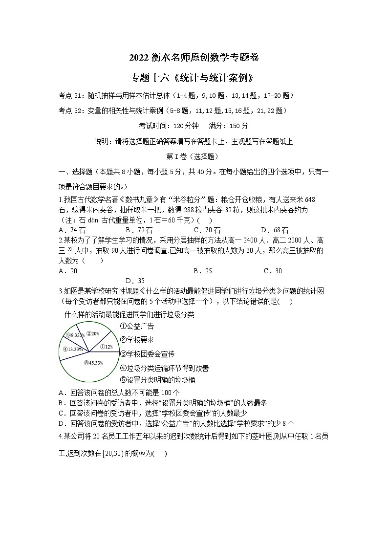 2023高考数学二轮名师原创数学专题卷：专题16 统计与统计案例第1页
