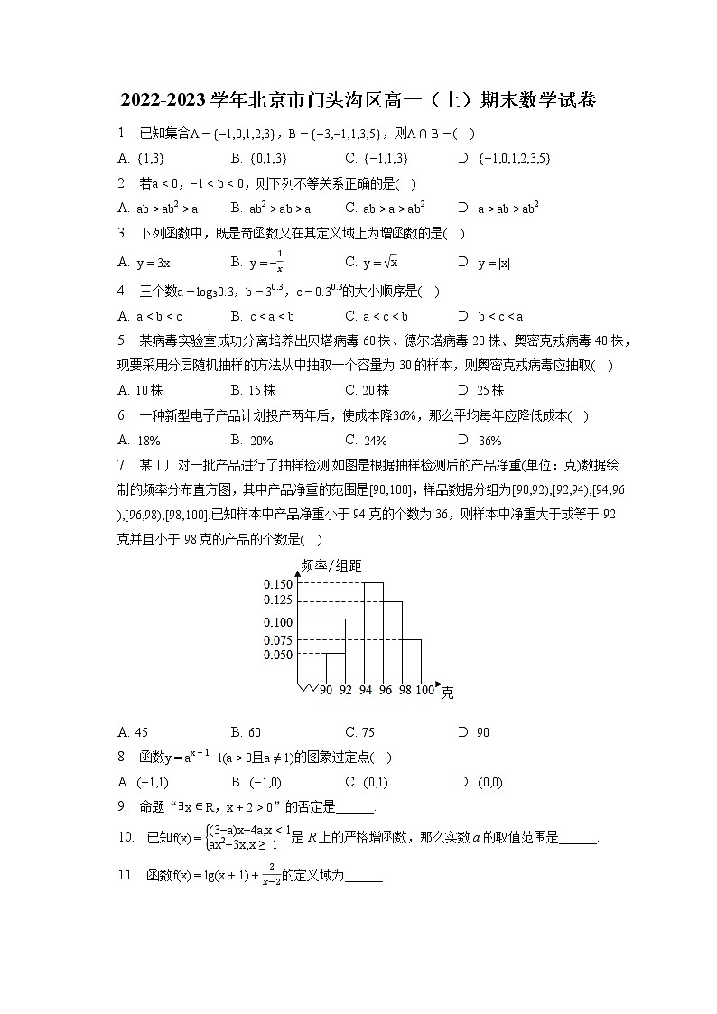 2022-2023学年北京市门头沟区高一（上）期末数学试卷第1页