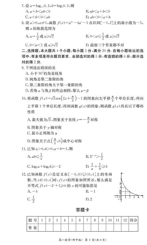 湖南师大附中2021-2022学年高一上学期期末考试数学试题第2页