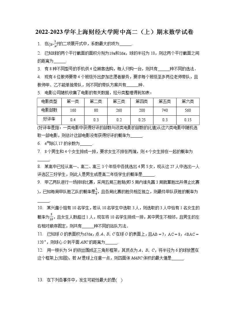2022-2023学年上海财经大学附中高二（上）期末数学试卷(含答案解析)01
