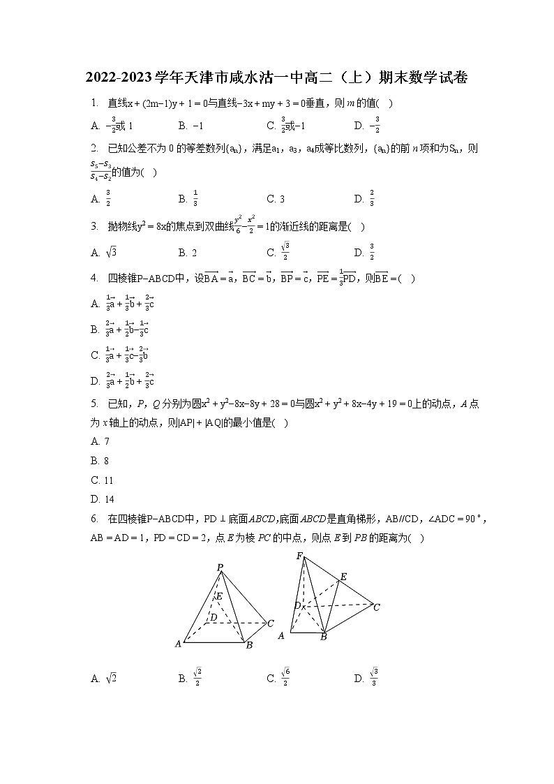 2022-2023学年天津市咸水沽一中高二（上）期末数学试卷(含答案解析)第1页