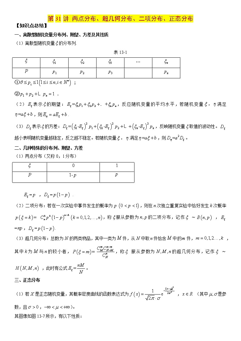 第31讲 两点分布、超几何分布、二项分布、正态分布-2023年新高考艺术生突破数学90分讲义01