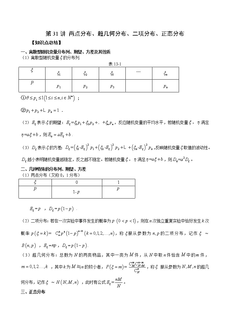 第31讲 两点分布、超几何分布、二项分布、正态分布-2023年新高考艺术生突破数学90分讲义01
