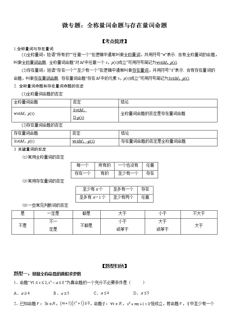 微专题 全称量词命题与存在量词命题 学案——2023届高考数学一轮《考点·题型·技巧》精讲与精练01