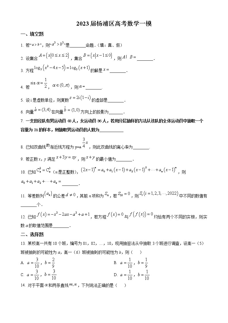 2023上海杨浦区高三上学期一模试题数学含答案01
