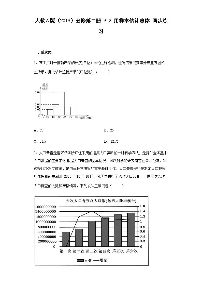 高中数学人教A版（2019）必修第二册9.2用样本估计总体 同步练习（Word版含解析）第1页