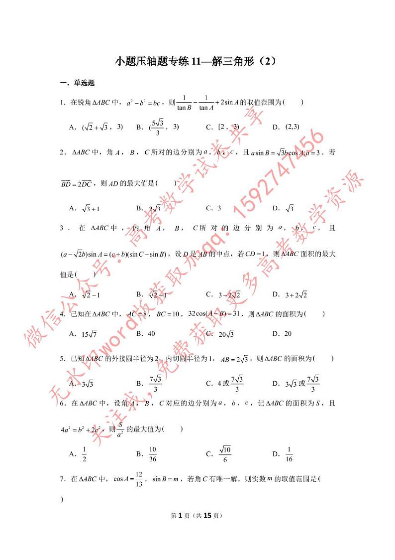 小题压轴题专练11—解三角形（2）-2023届高三数学二轮复习第1页