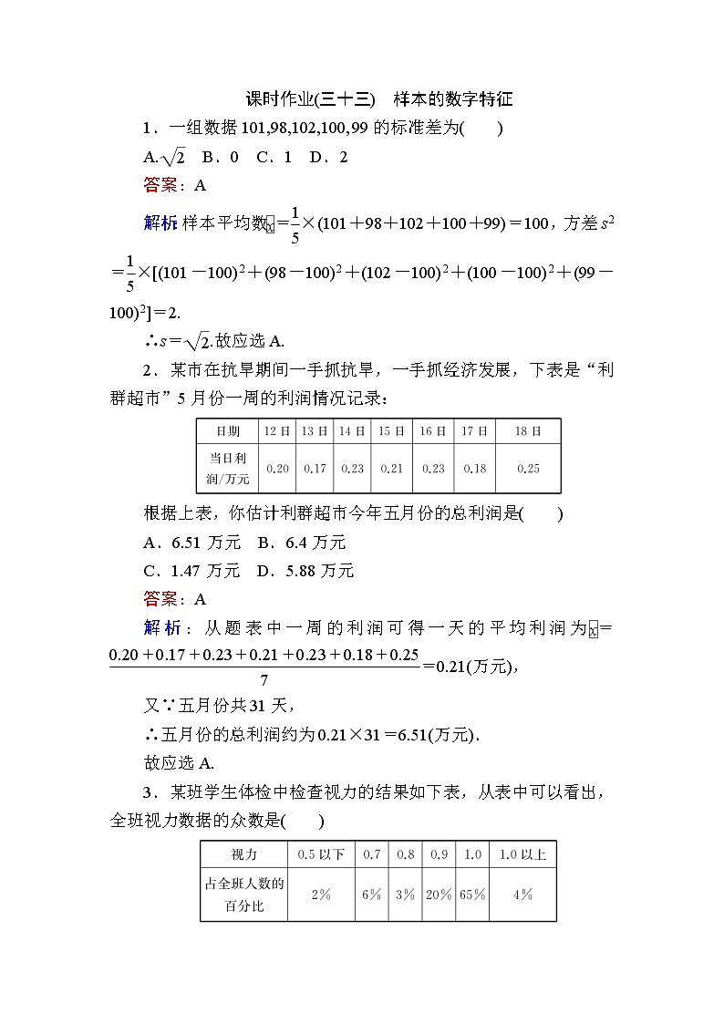 北师大版（2019）必修第一册6-4-1样本的数字特征作业含答案第1页