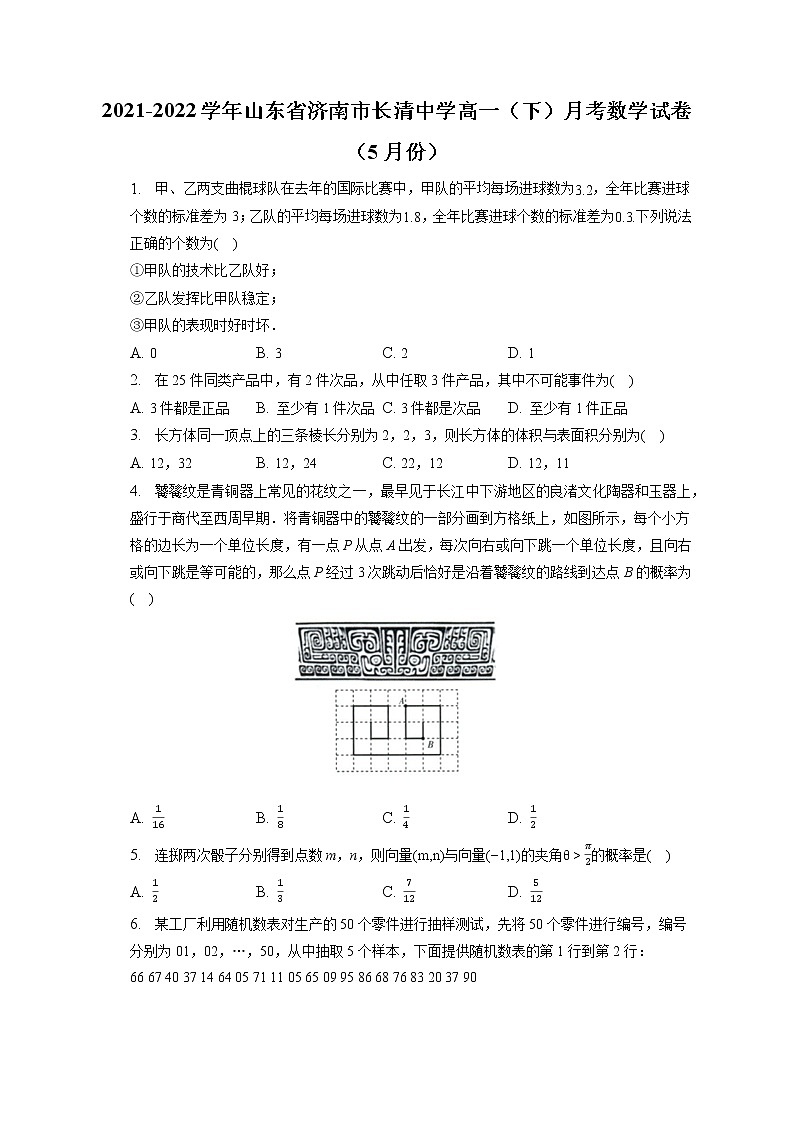 2021-2022学年山东省济南市长清中学高一（下）月考数学试卷（5月份）（含答案解析）第1页