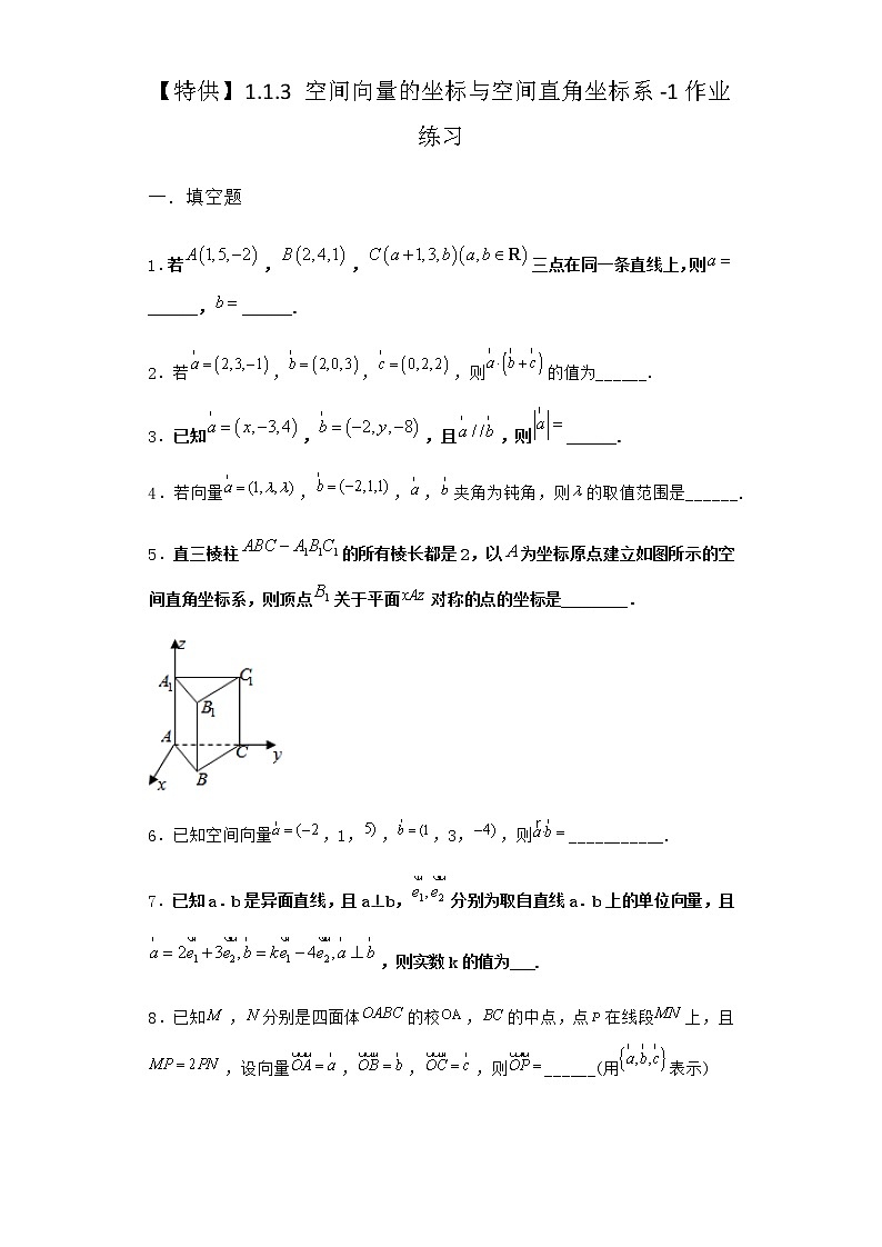人教B版高中数学选择性必修第一册1-1-3空间向量的坐标与空间直角坐标系作业含答案201