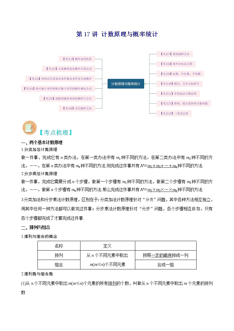 第17讲 计数原理与概率统计-高考数学二轮复习讲义+分层训练（上海高考专用）01