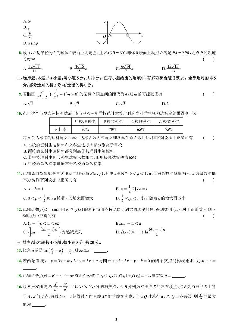 武汉市 2023 届高中毕业生二月调研考试数学试卷第2页