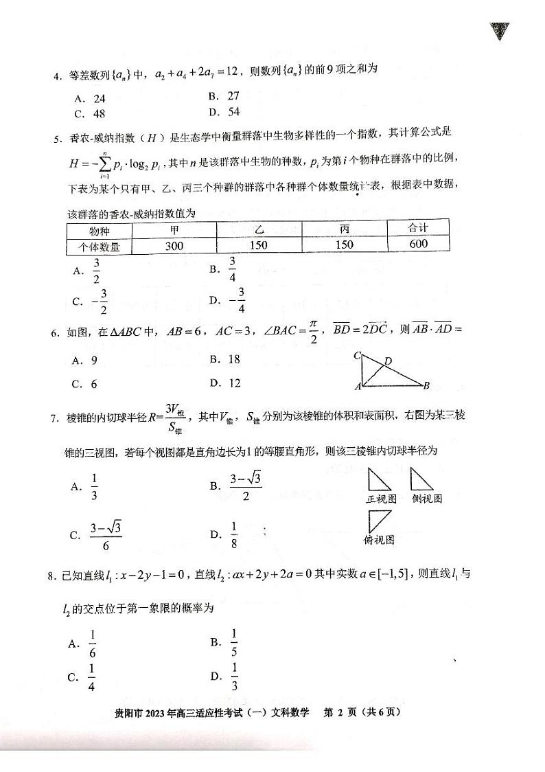 贵阳市2023年高三适应性考试（一）文科数学试卷第2页