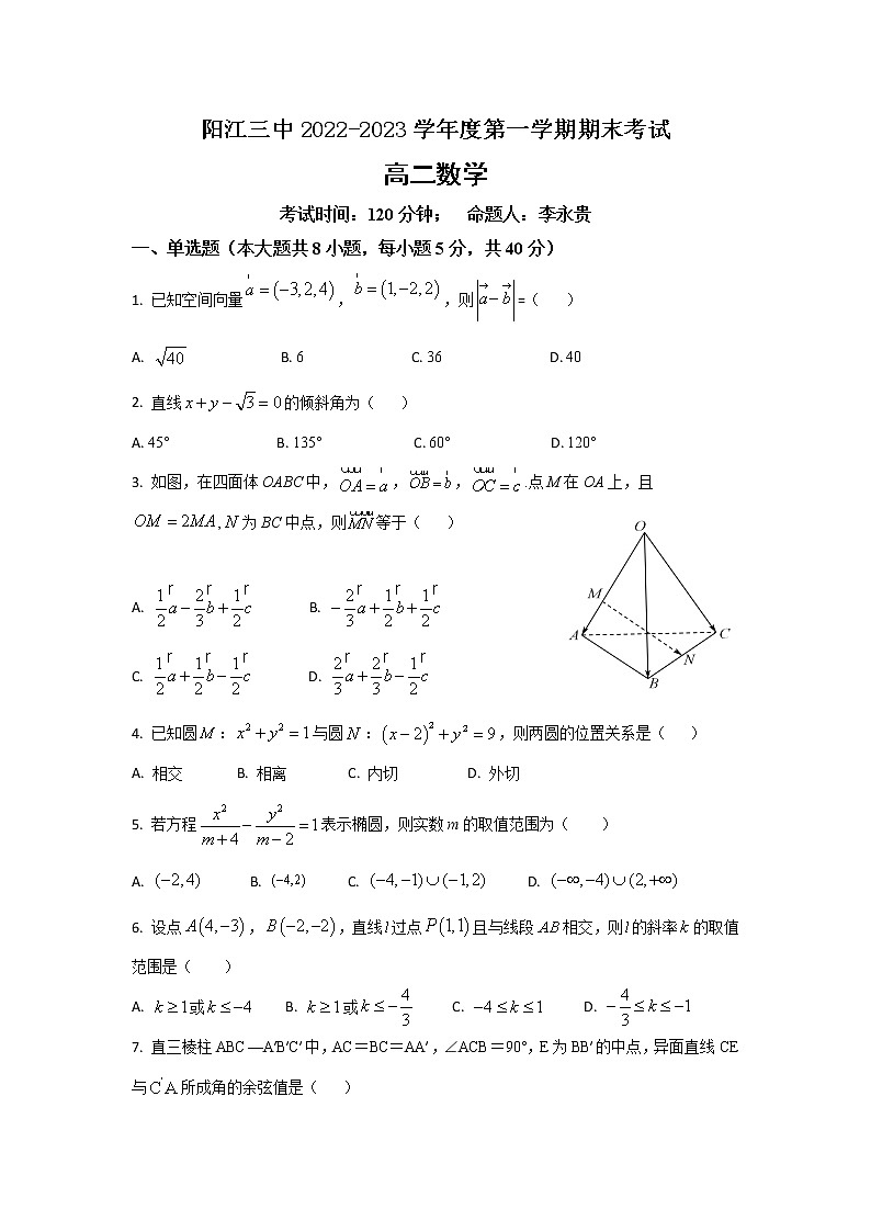 广东省阳江市第三中学2022-2023学年高二上学期期末考试数学试题第1页