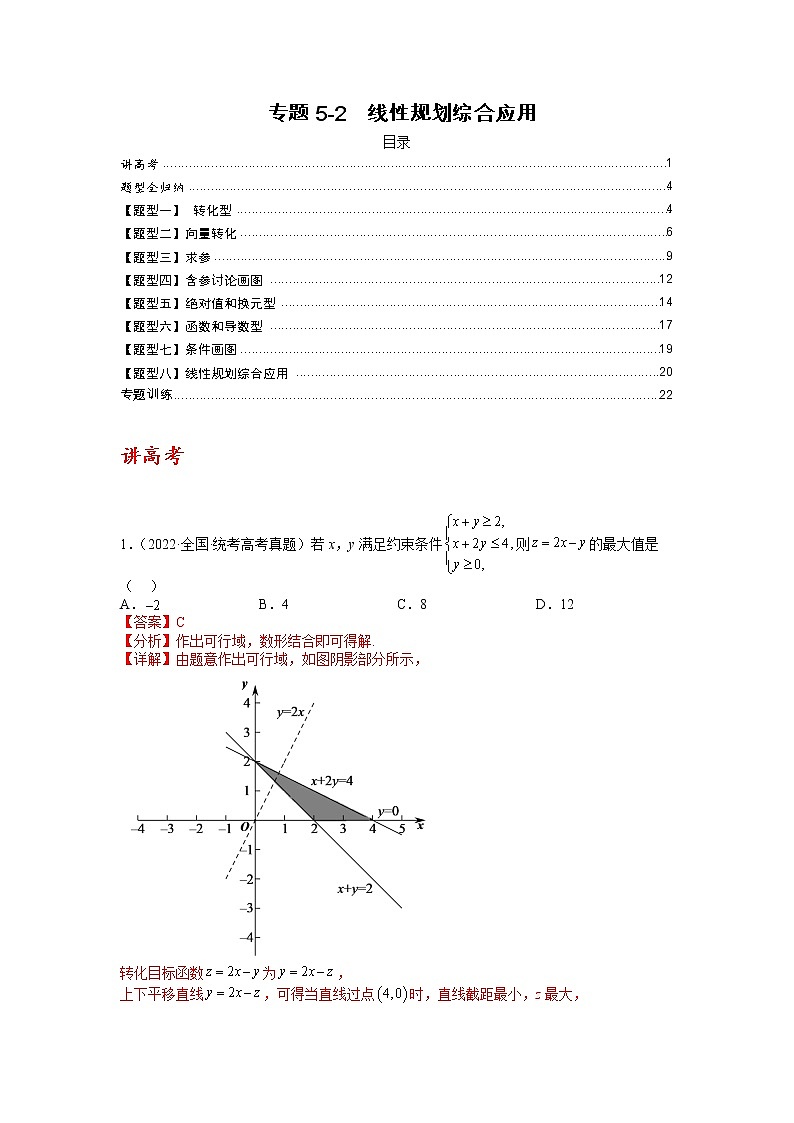 【备考2023】高考数学二轮专题总复习精讲精练（全国通用）——专题5-2 线性规划综合应用  学案（原卷版+解析版）01