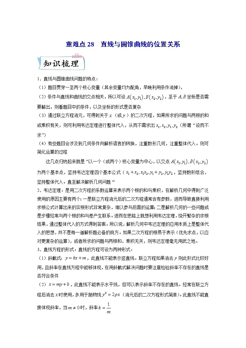 【备考2023】高考数学重难点专题特训学案（全国通用）——28  直线与圆锥曲线的位置关系 （原卷版 解析版）01