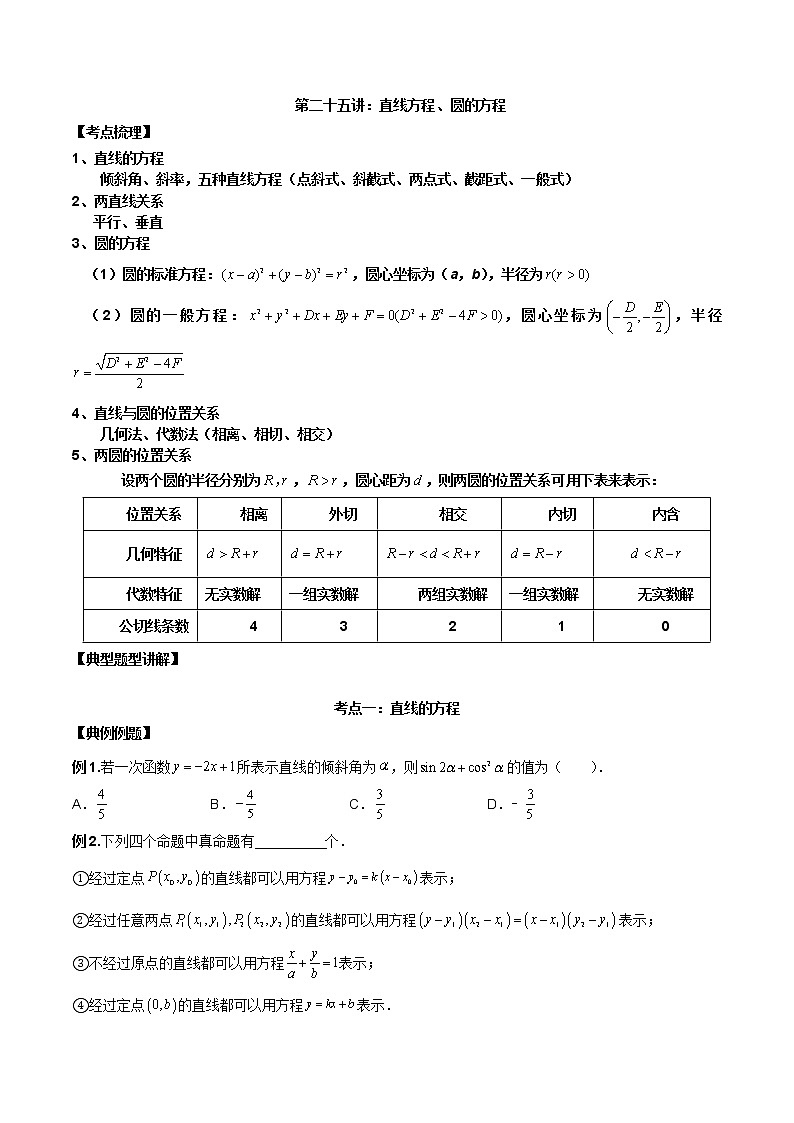 【新高考】2023年高考数学二轮复习精讲精练学案——第25讲 直线方程及圆的方程（原卷版+解析版）01