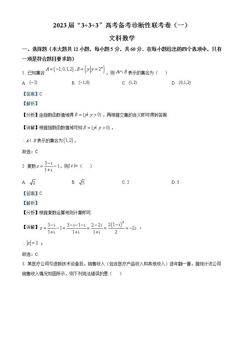 2023届“3+3+3”高考备考诊断性联考卷（一）数学（文）答案第1页