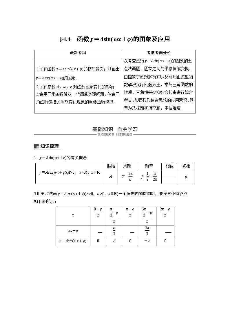 新高考数学一轮复习讲义4.4《函数y＝Asin(ωx＋φ)的图象及应用》(原卷版)第1页