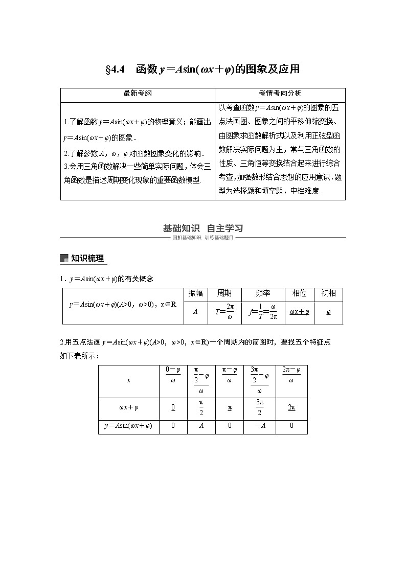 新高考数学一轮复习讲义4.4《函数y＝Asin(ωx＋φ)的图象及应用》(含详解)第1页