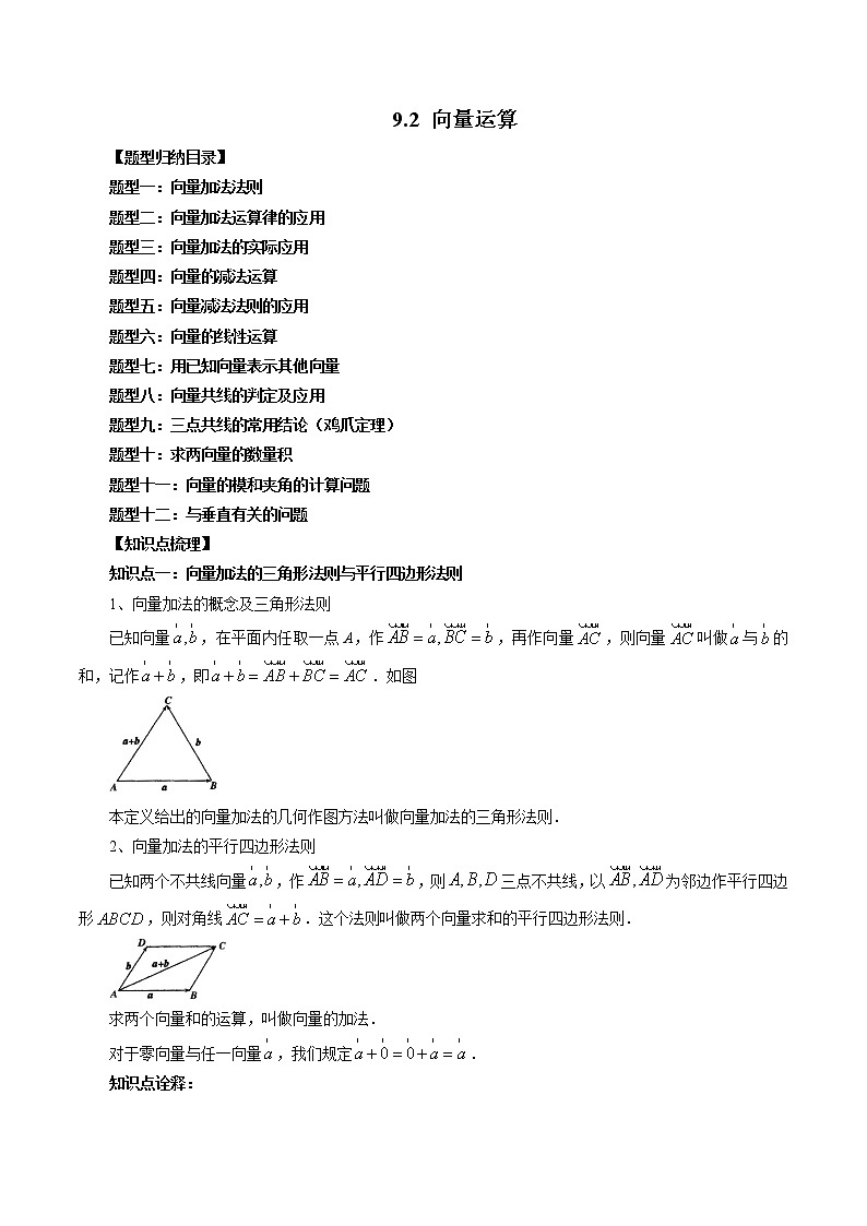 9.2 向量运算（十二大题型）-高一数学新教材同步配套教学讲义（苏教版必修第二册）01