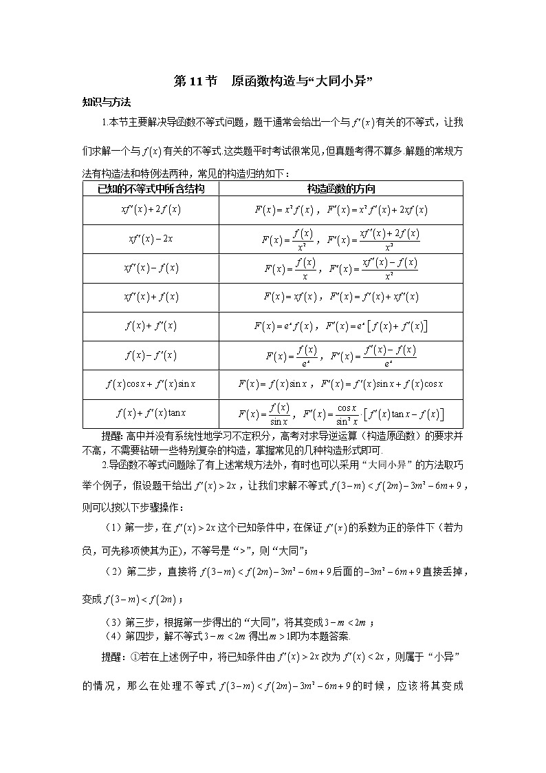1.11 原函数构造与“大同小异” 讲义-高考数学一轮复习解题技巧方法01