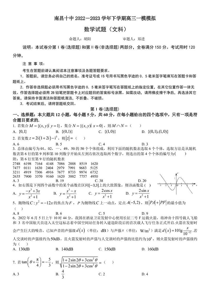2023南昌十中高三下学期第一次模拟文数试题PDF版含答案（可编辑）01