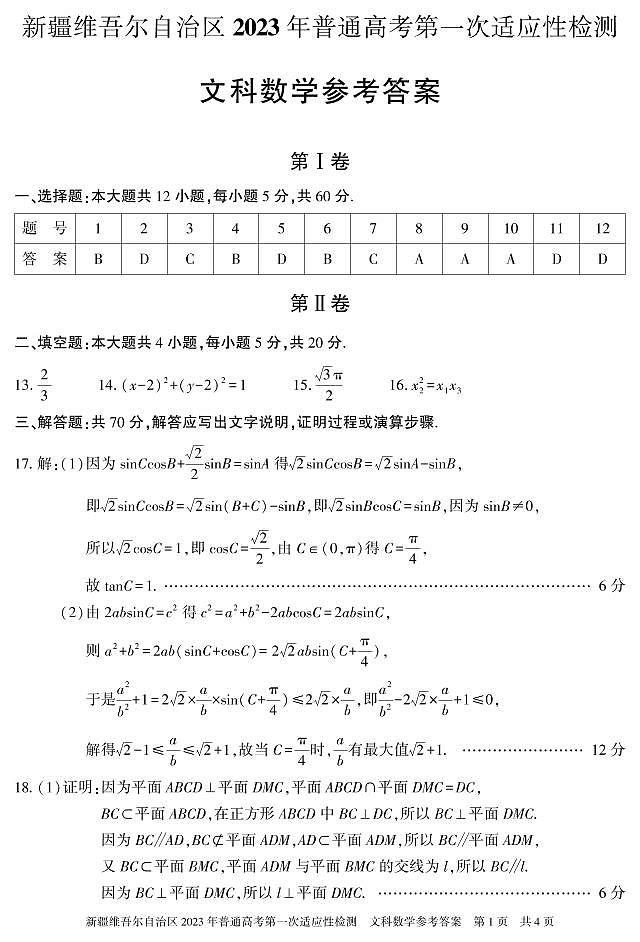 2023届新疆维吾尔自治区普通高考第一次适应性检测文数试题01