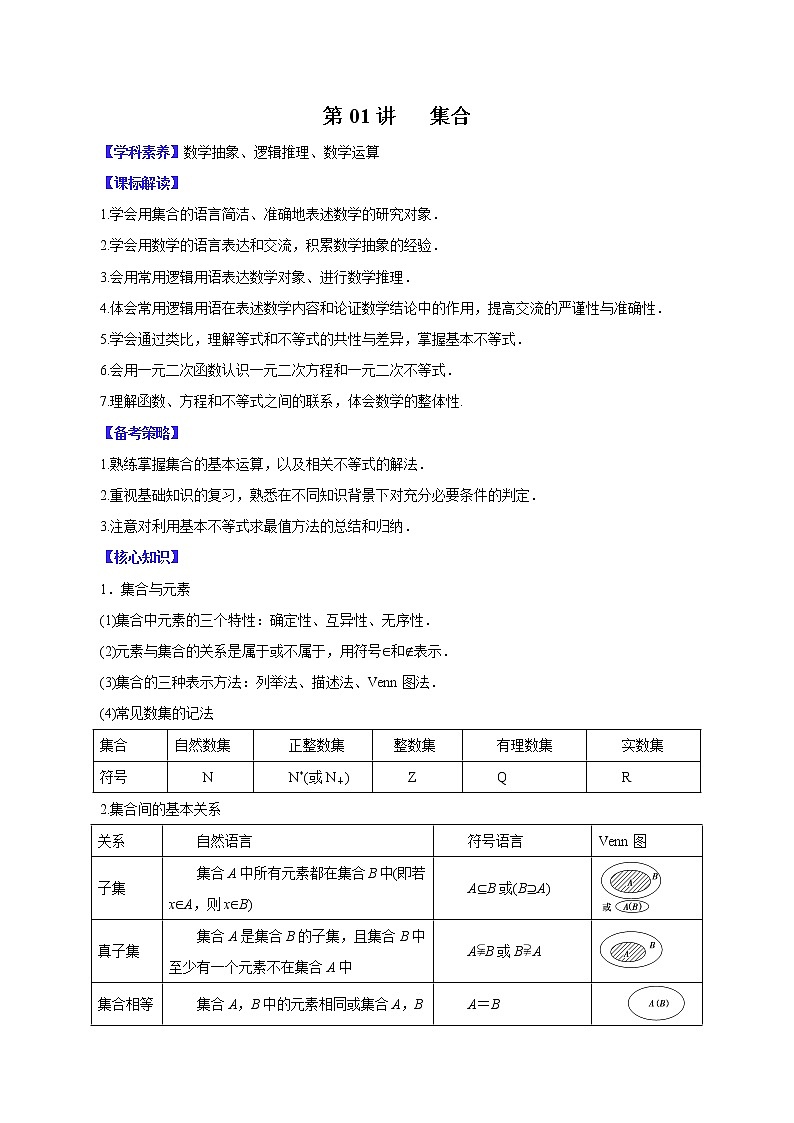 高中数学高考第01讲   集合（讲）原卷版第1页