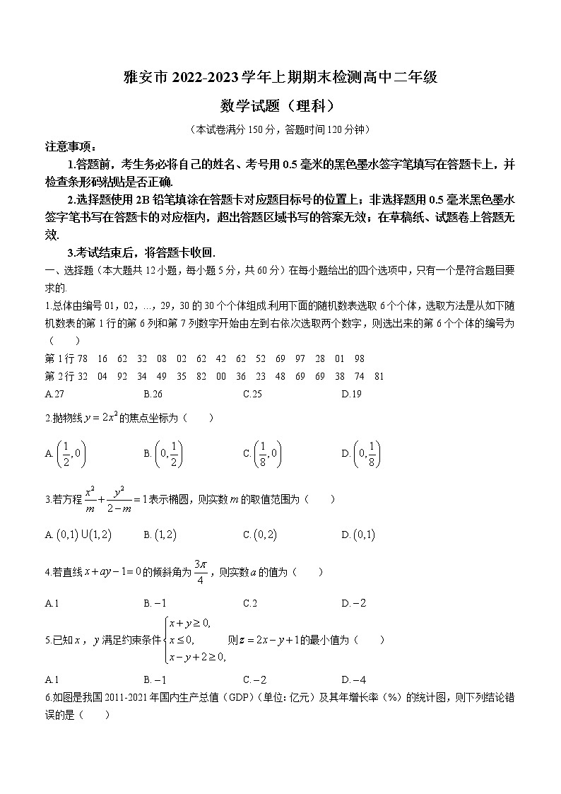 2023雅安高二上学期期末考试数学（理）含答案01
