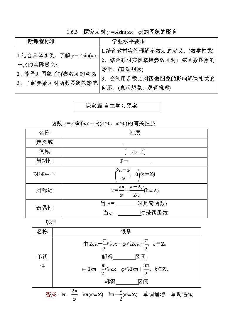 北师大版高中数学必修第二册1-6-3探究A对y＝Asin(ωx＋φ)的图象的影响学案01