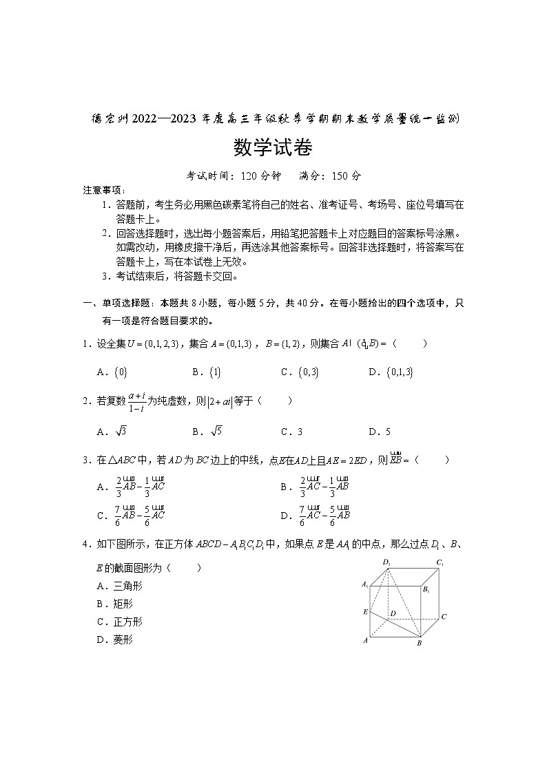 2023德宏州高三上学期期末考试数学含答案第1页