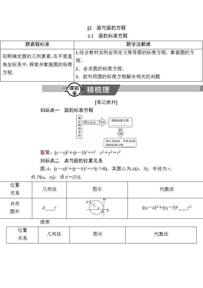 北师大版高中数学选择性必修第一册1-2-1圆的标准方程学案01